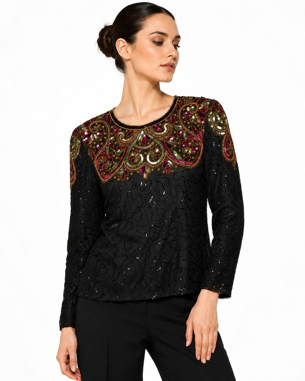 Vintage 80s Black Silk Beaded Top | Sequin Evening Blouse | Small